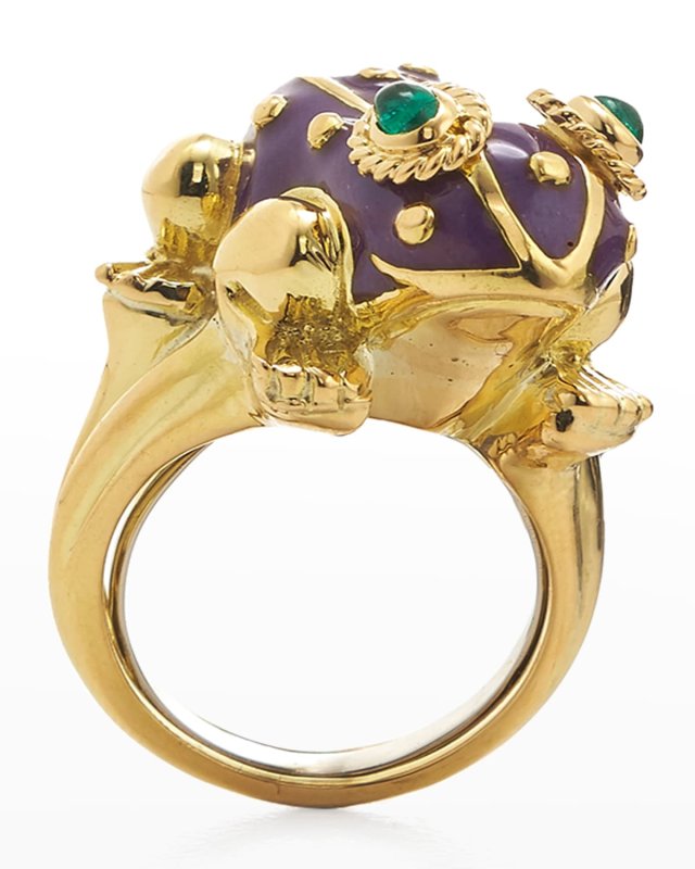 Yellow Gold Large Frog Ring with Emeralds, Size 6.25